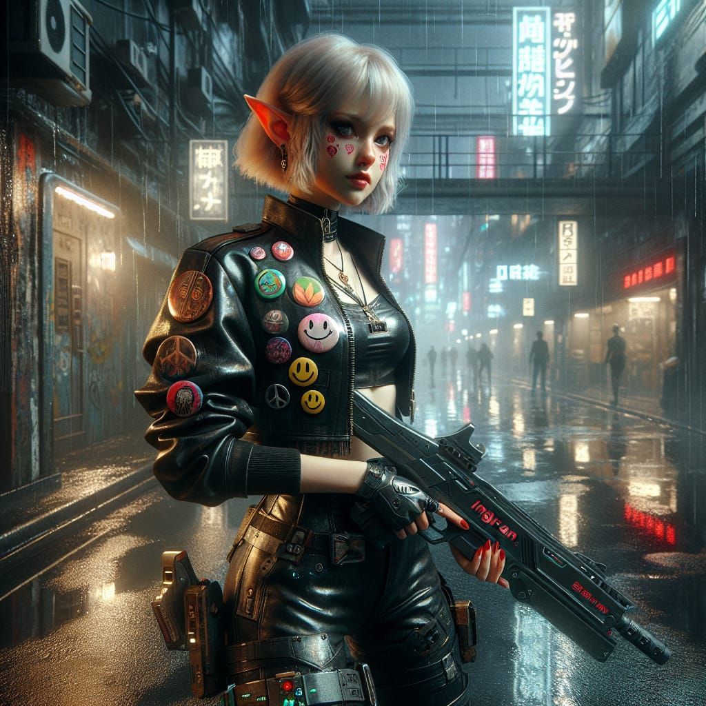 Cyberpunk Elf on Rain-Soaked Street