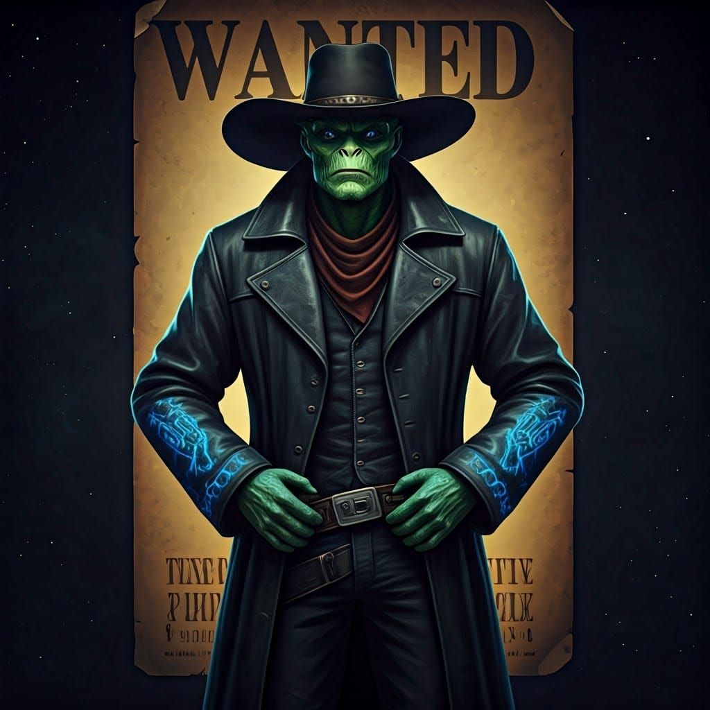 Wanted poster for intergalactic criminal Alien. "WANTED" say the paper and we see an alien with a cowboy hat oil paintin...