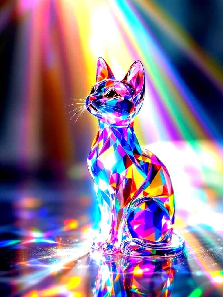 Prismatic Light on Elegant Glass Cat Figurine