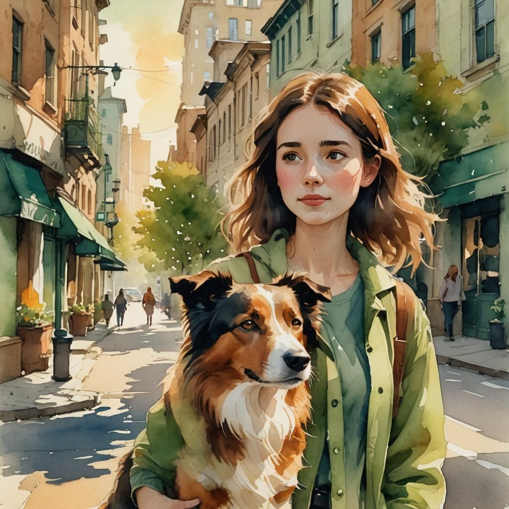Girl with Border Collie in Watercolor Style