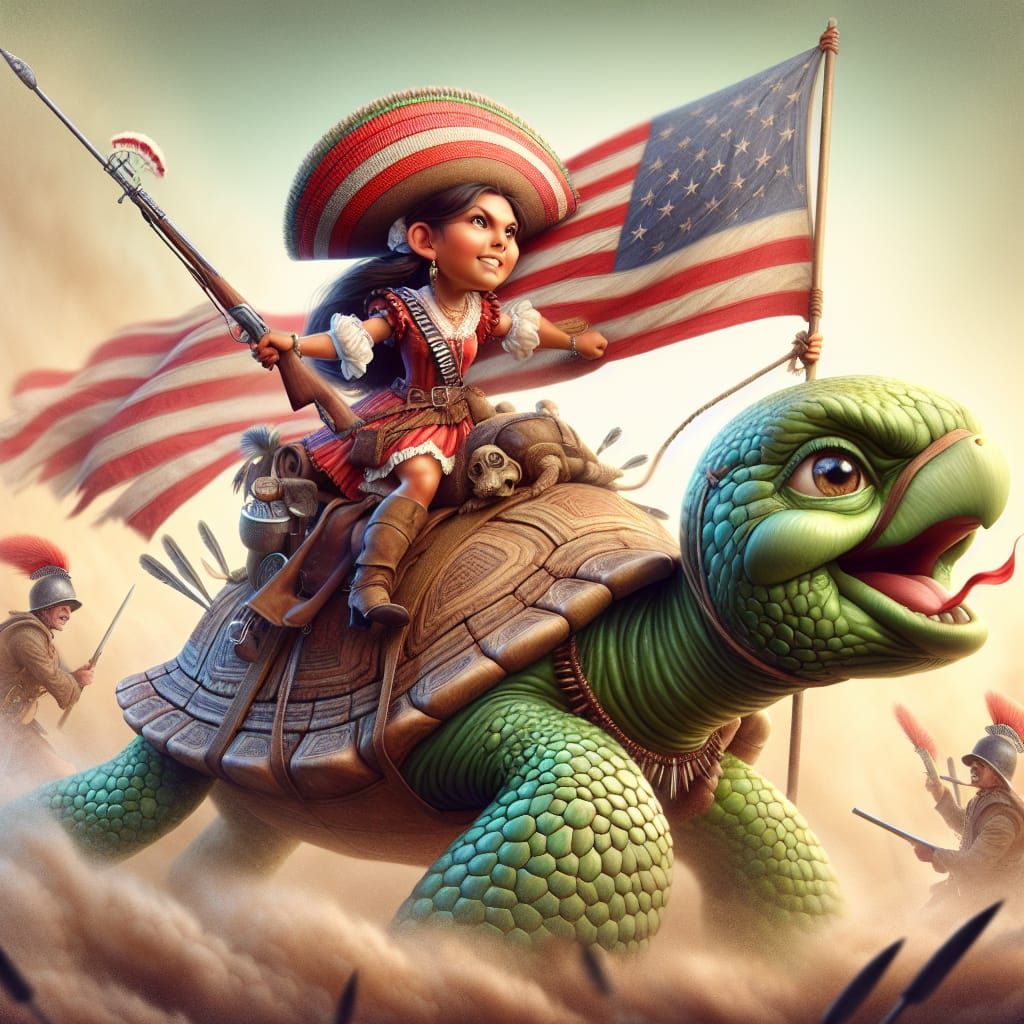 Hispanic Warrior Rides Turtle on Battlefield in 3D