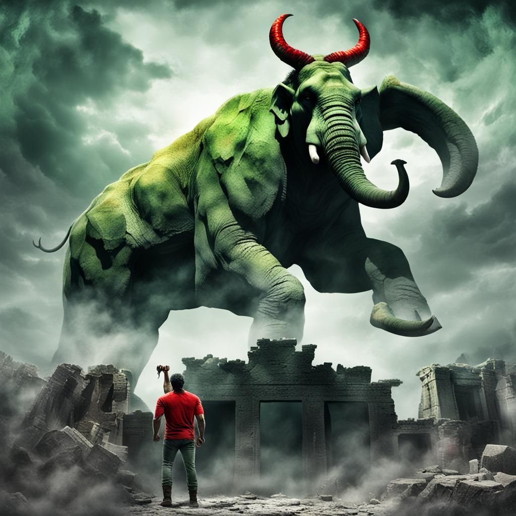 Surreal Demon Elephant Hulk Fusion in Ruins