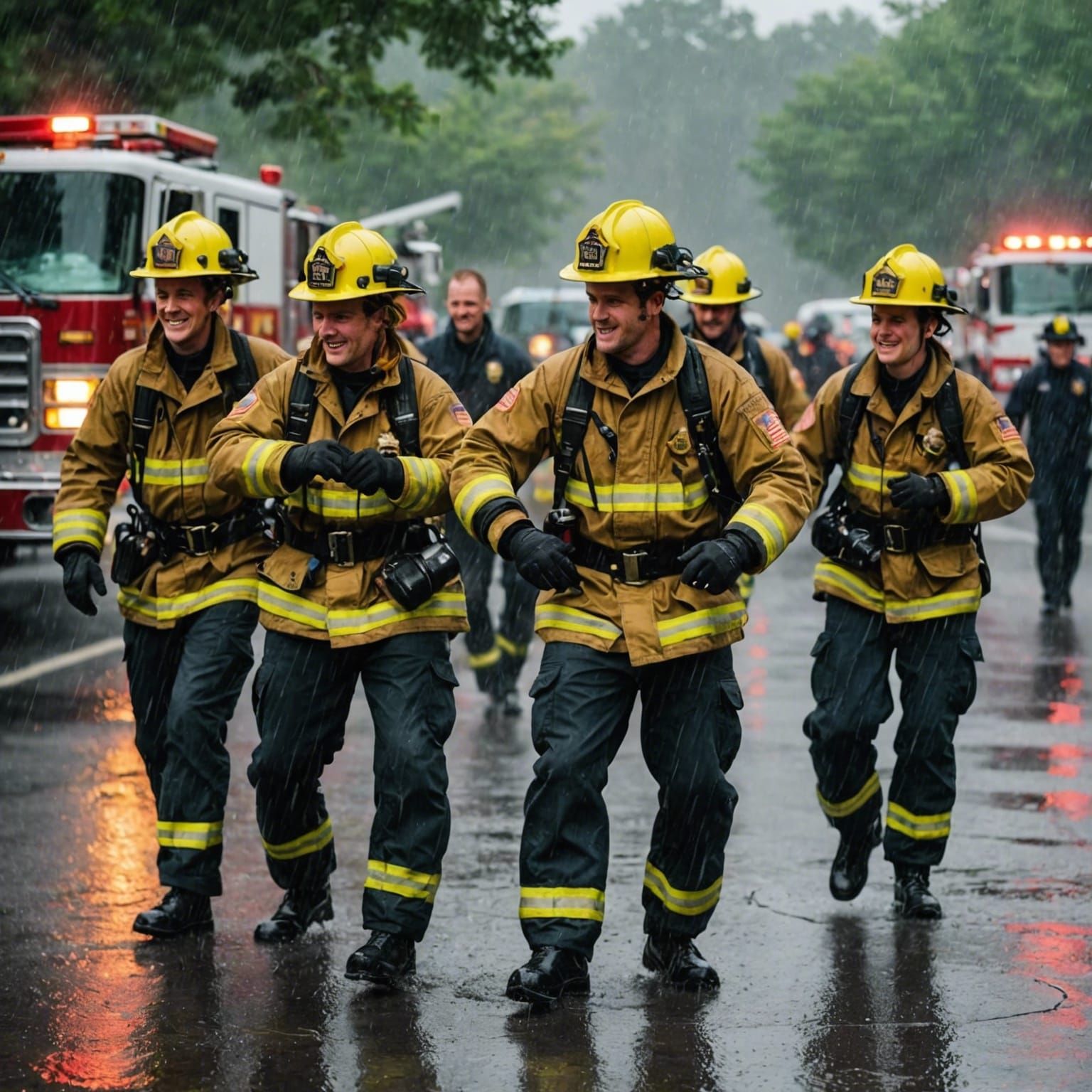 Firefighters Dancing in the Rain