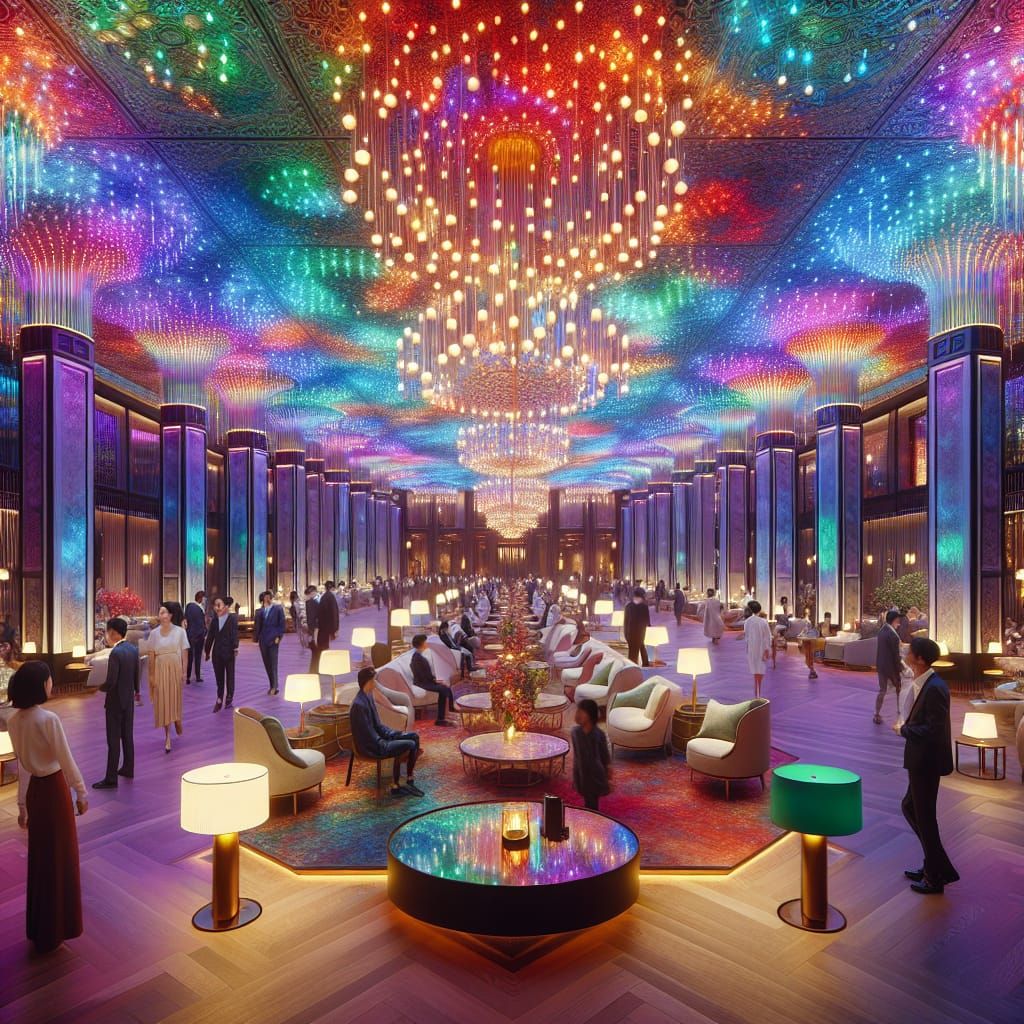Luxurious Hotel Interior Bathed in Multicolored Lights