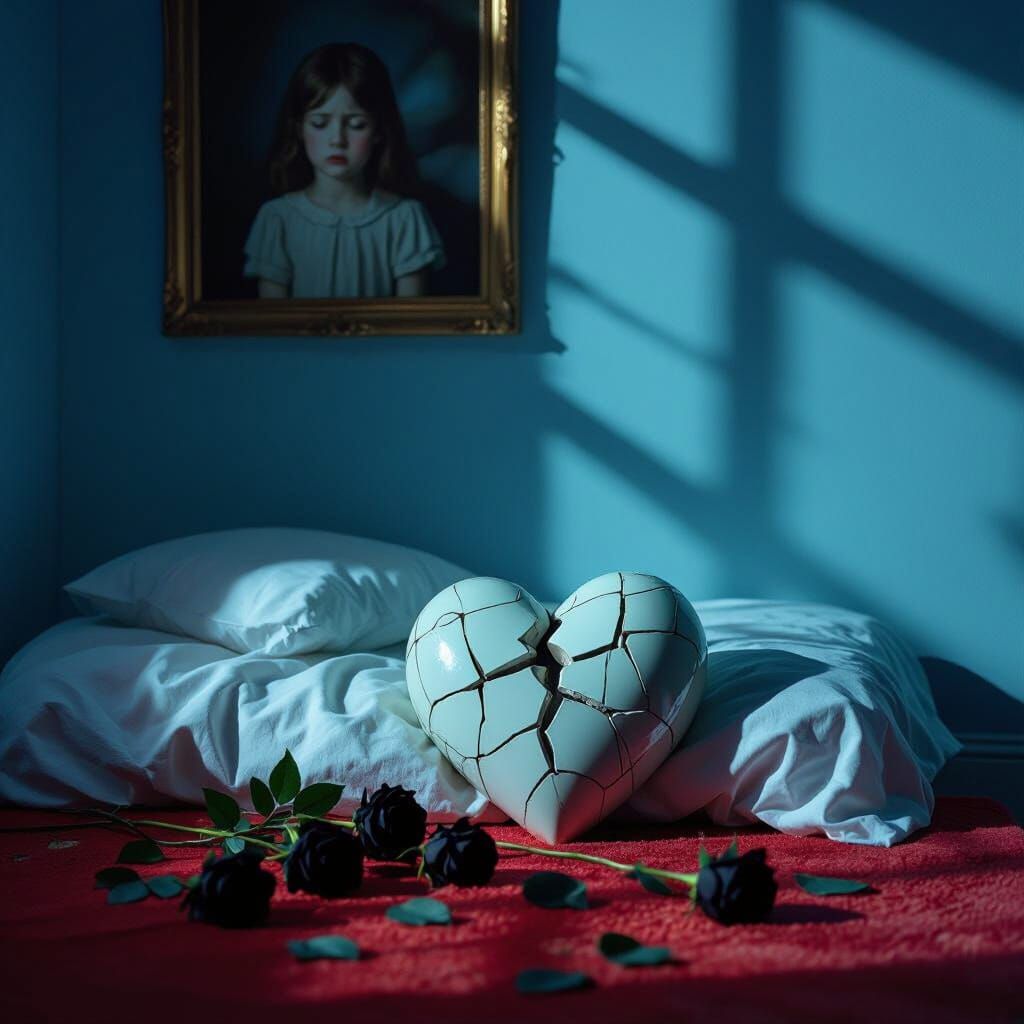 Shattered Heart on Bed with Blue Light and Black Roses