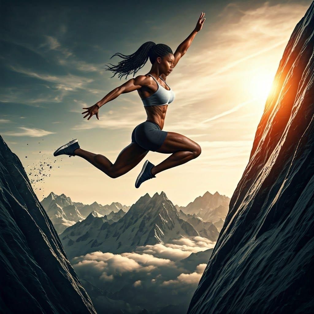 Hyperrealistic Athlete Jumps Over Mountain