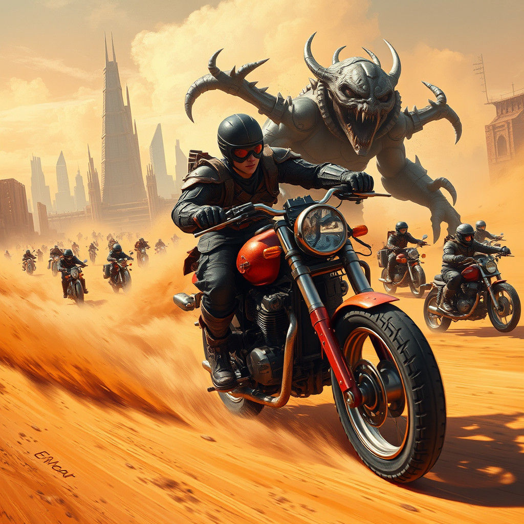 Post-Apocalyptic Motorcycle Chase in Wasteland
