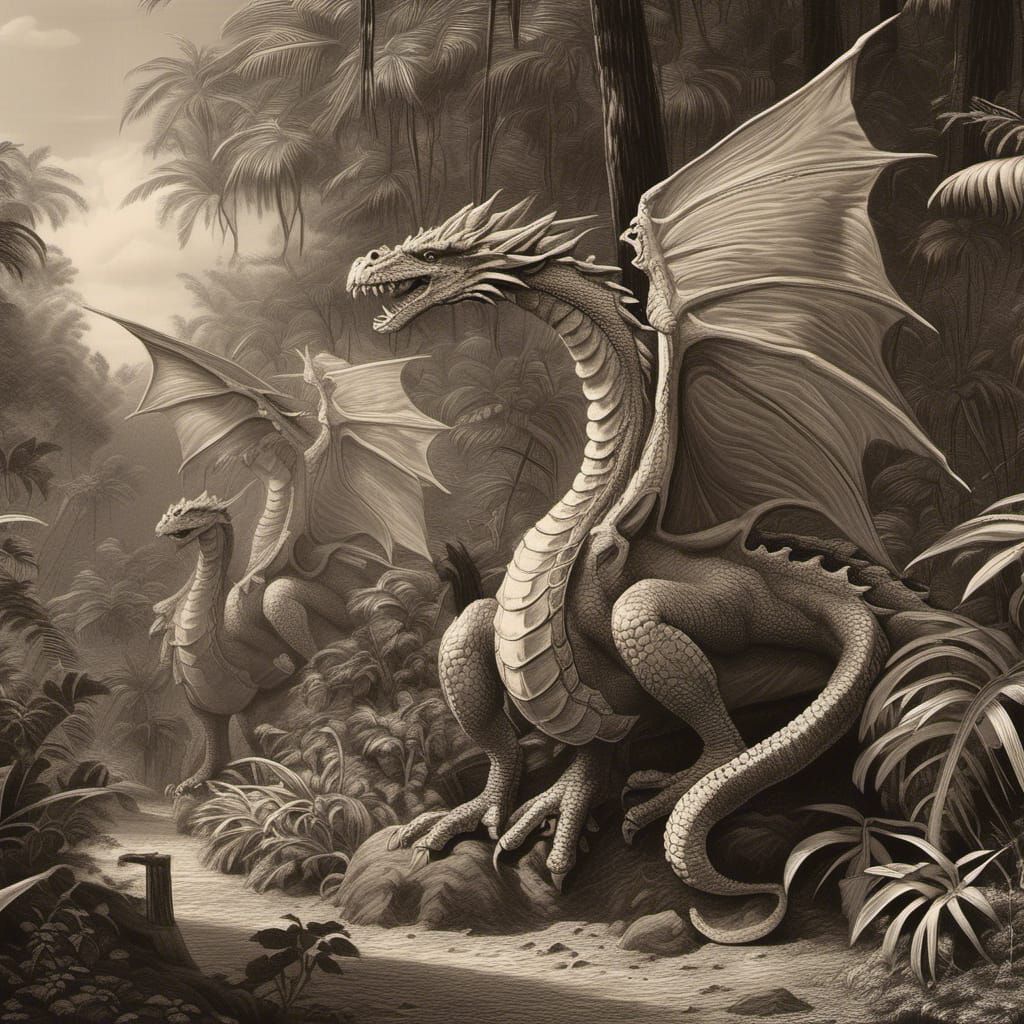 Dragon in Jungle: Sepia-Toned Vintage Newspaper Clip