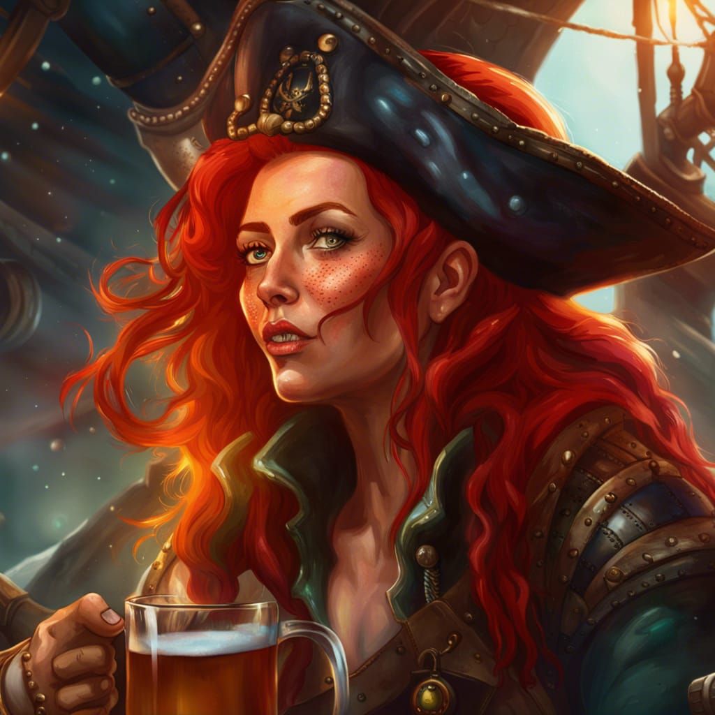 Pirate Lady Sipping Ale on Spaceship: Hyperrealistic Splash ...