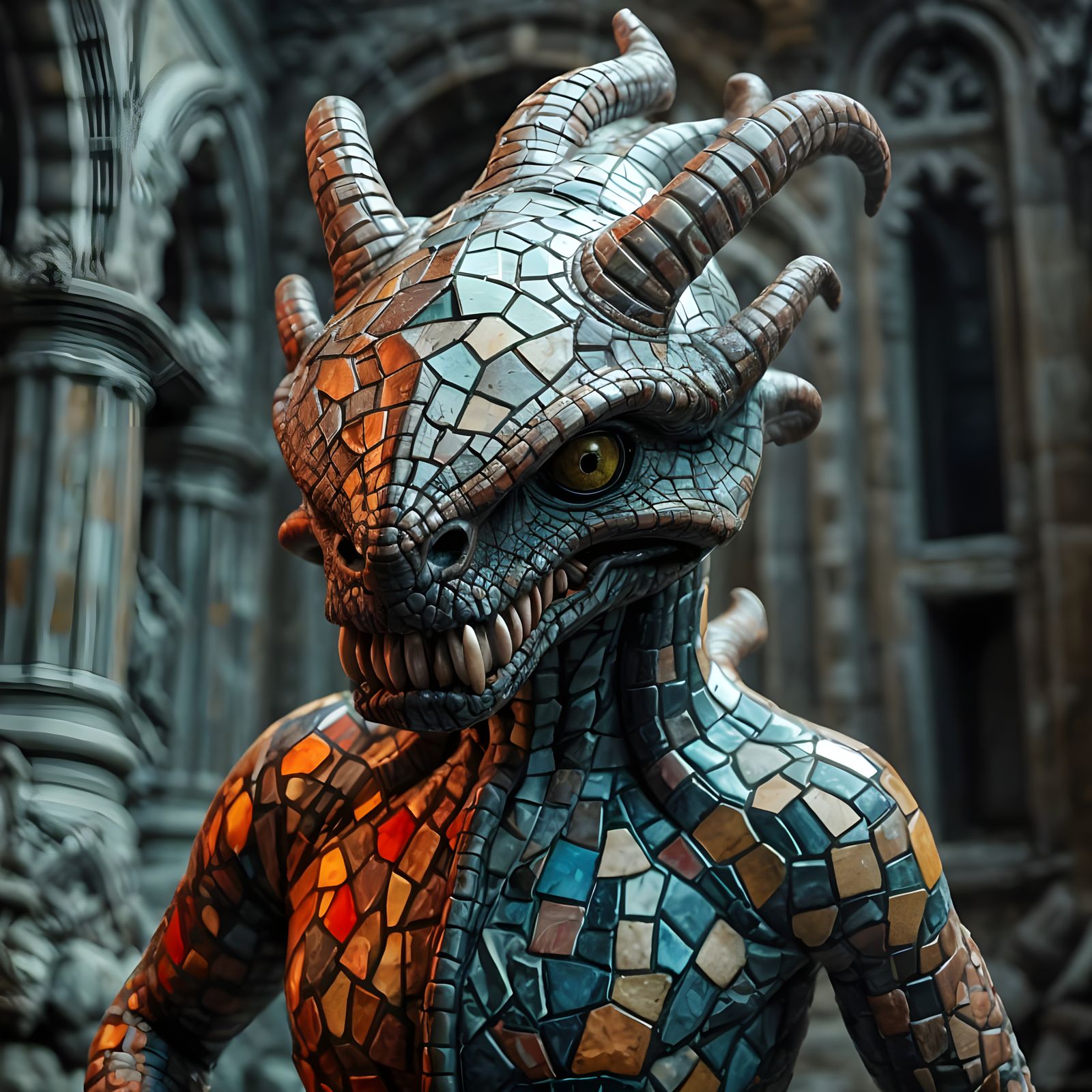 Gothic Horror Creature in Mosaic Tiled Form