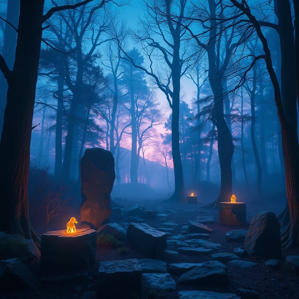 Mystical Forest at Twilight with Glowing Runes