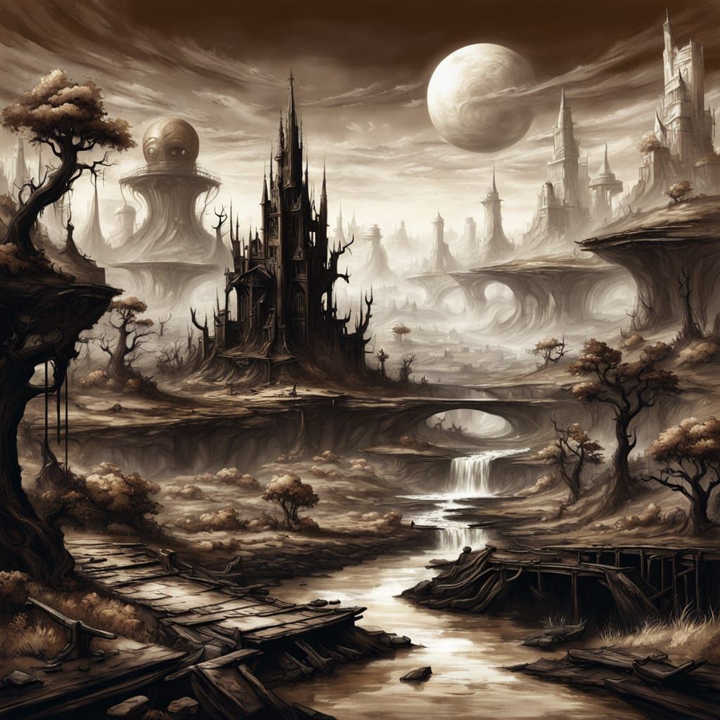 Surreal Toile Fabric Landscape in Giger Style