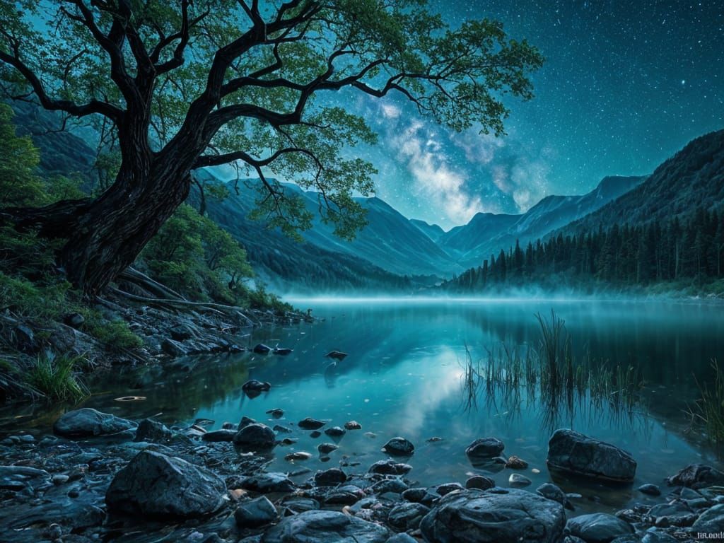 Midnight Alpine Lake Under Starry Teal Sky