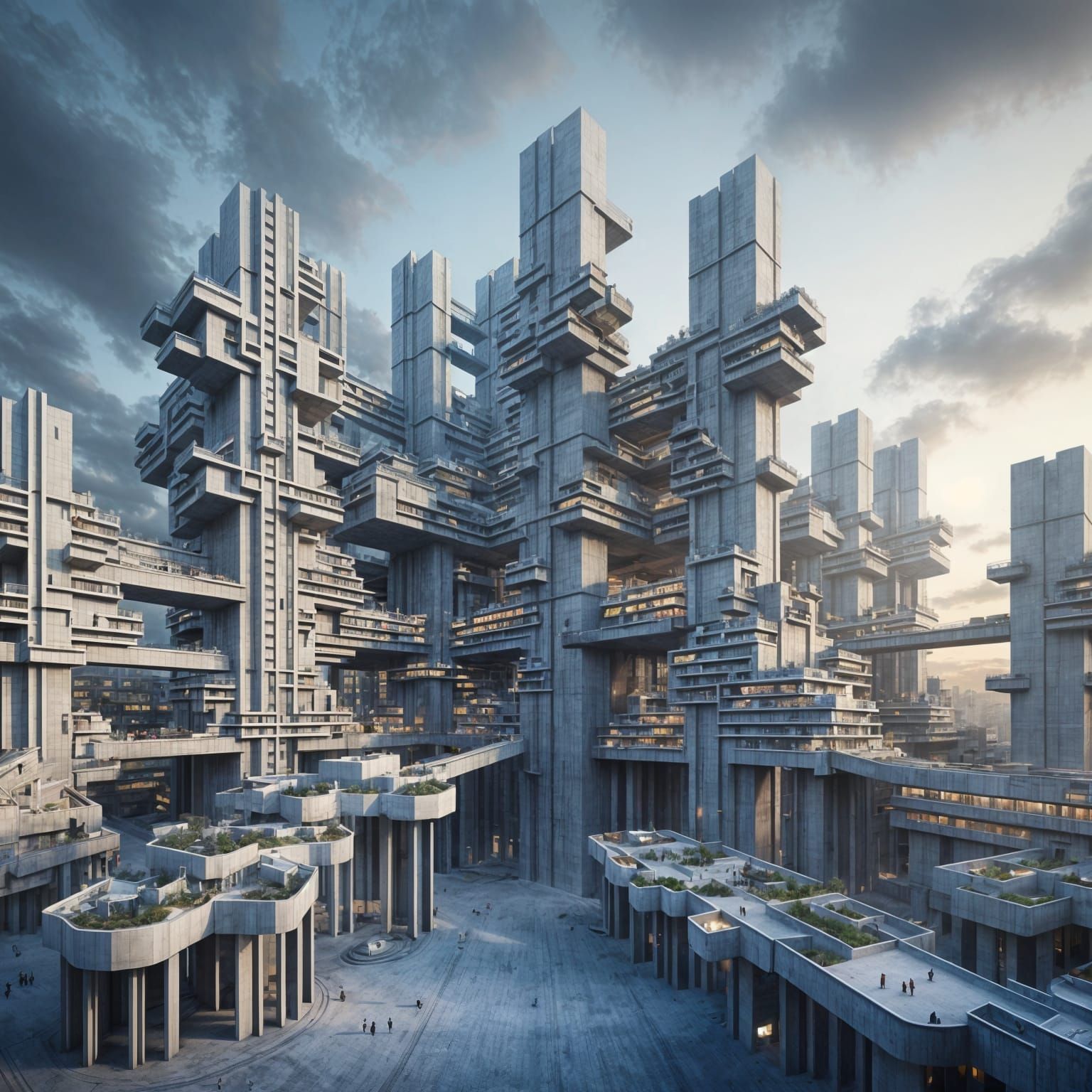 Futuristic Brutalist Apartment Complex at Dawn