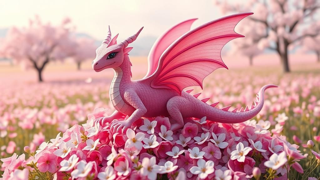 Pink Origami Dragon in Cherry Blossom Meadow