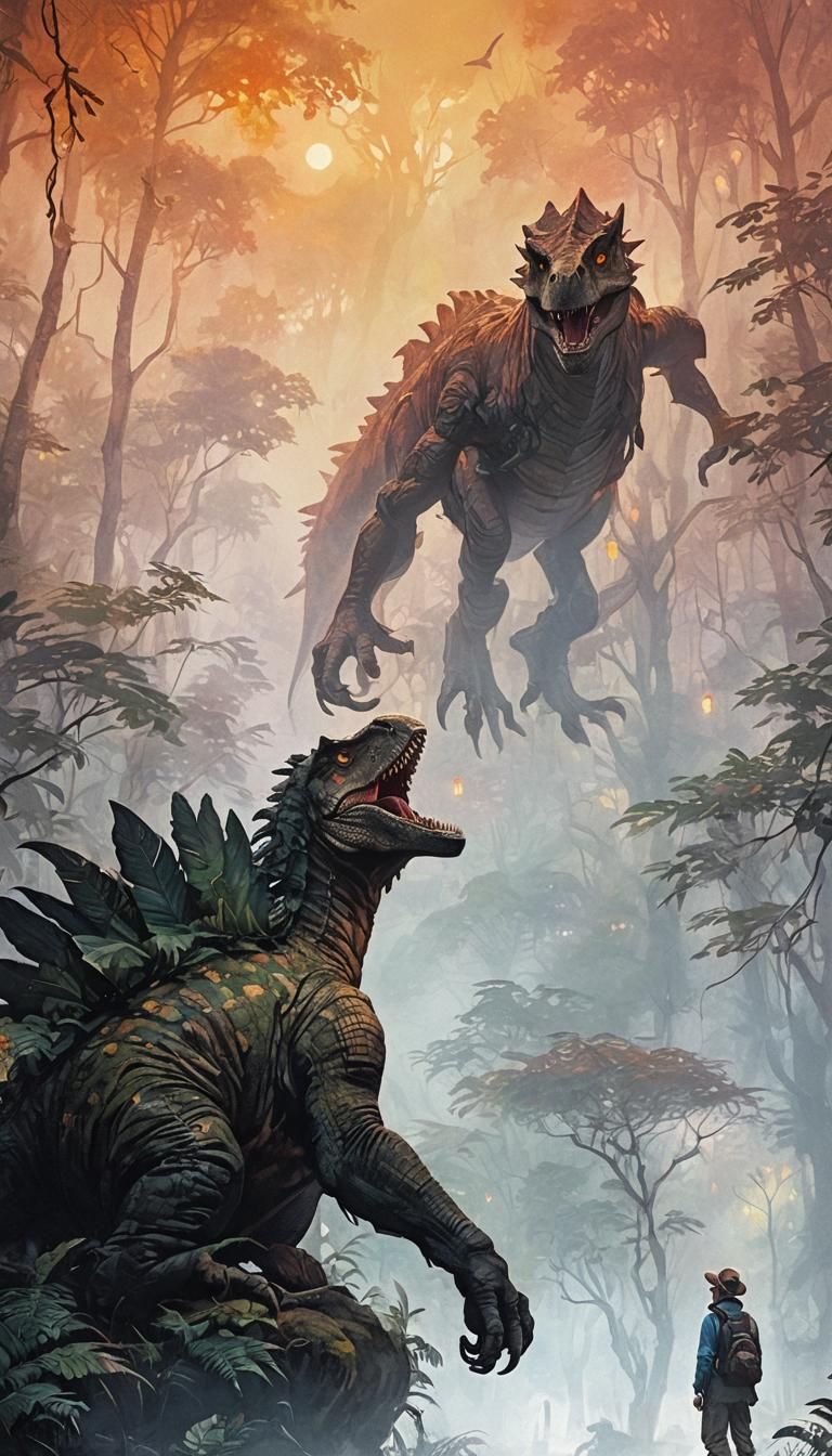 Dinosaur and Man in Misty Forest, Oil Painting