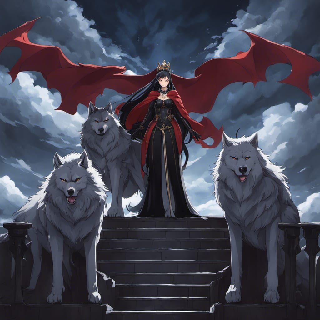 Evil Queen with Wolves in Anime Style