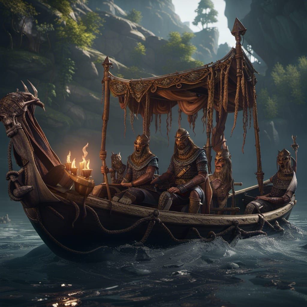 Calibos in a boat on the river Styx