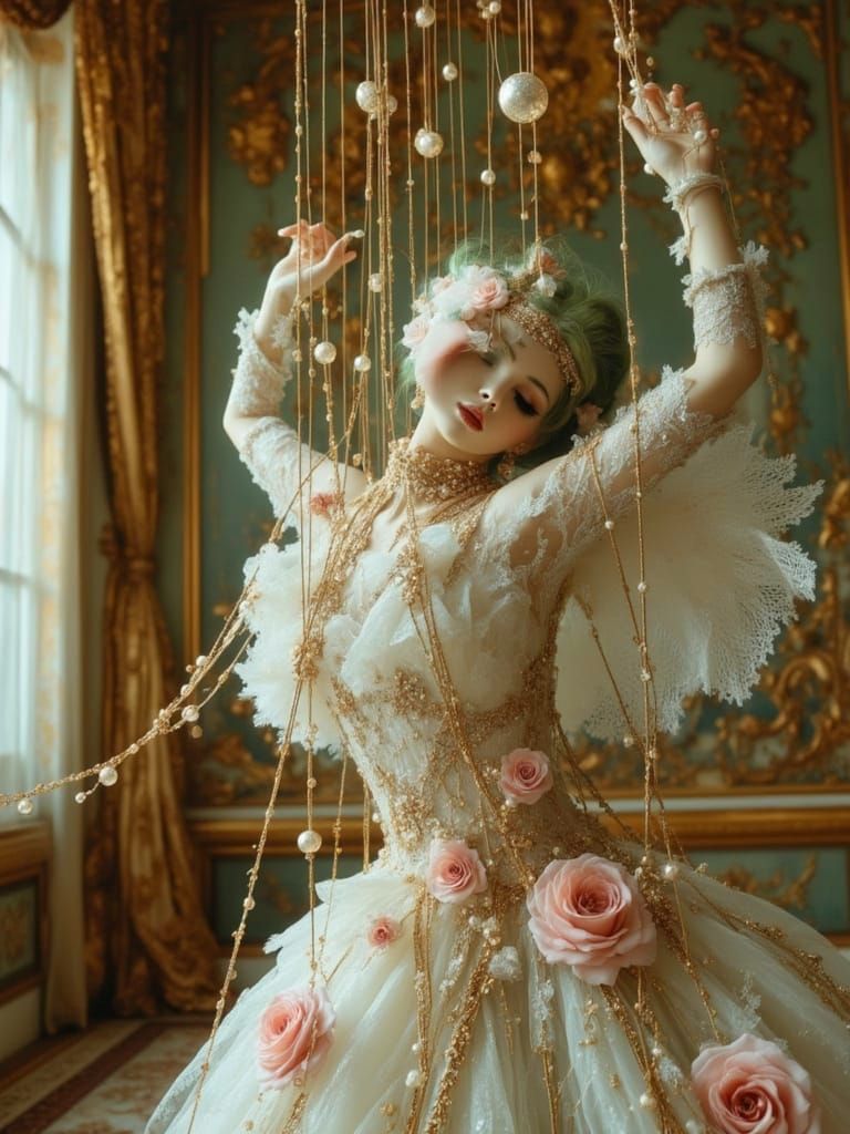 Rococo Marionette Girl in Surreal Ballroom
