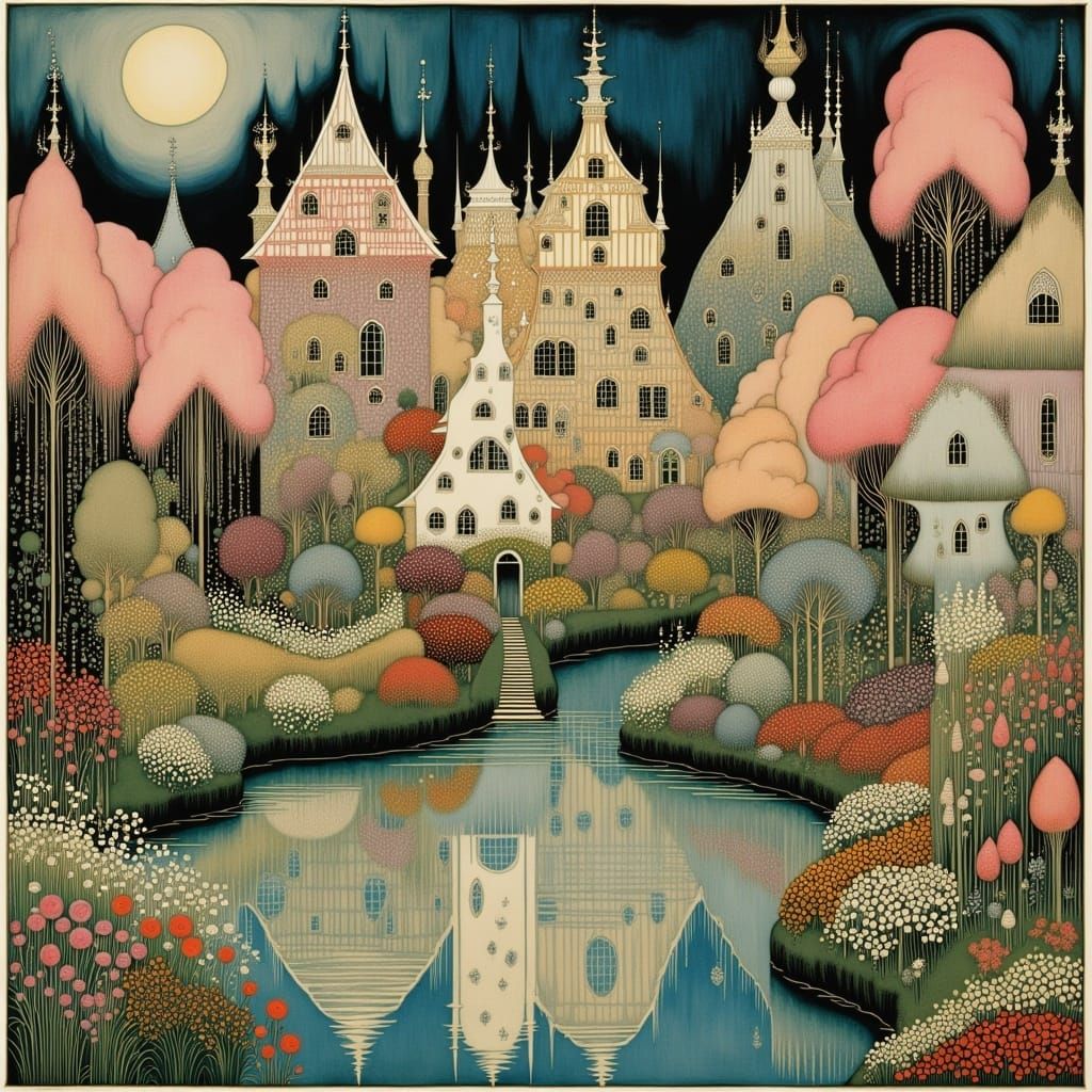 Whimsical Village Scene in Art Nouveau Style