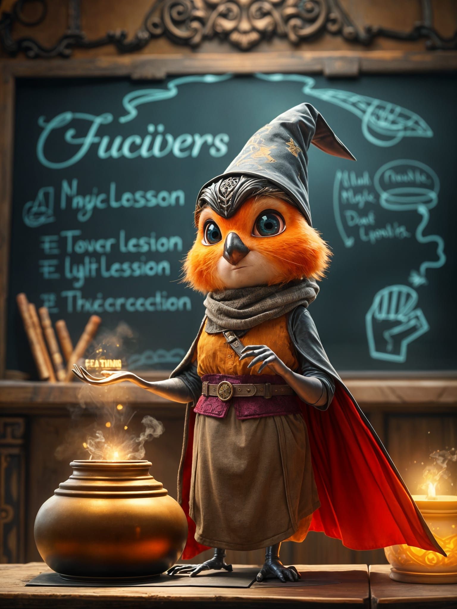 Pixar-Style Robin Sorceress Teaching Magic Lessons
