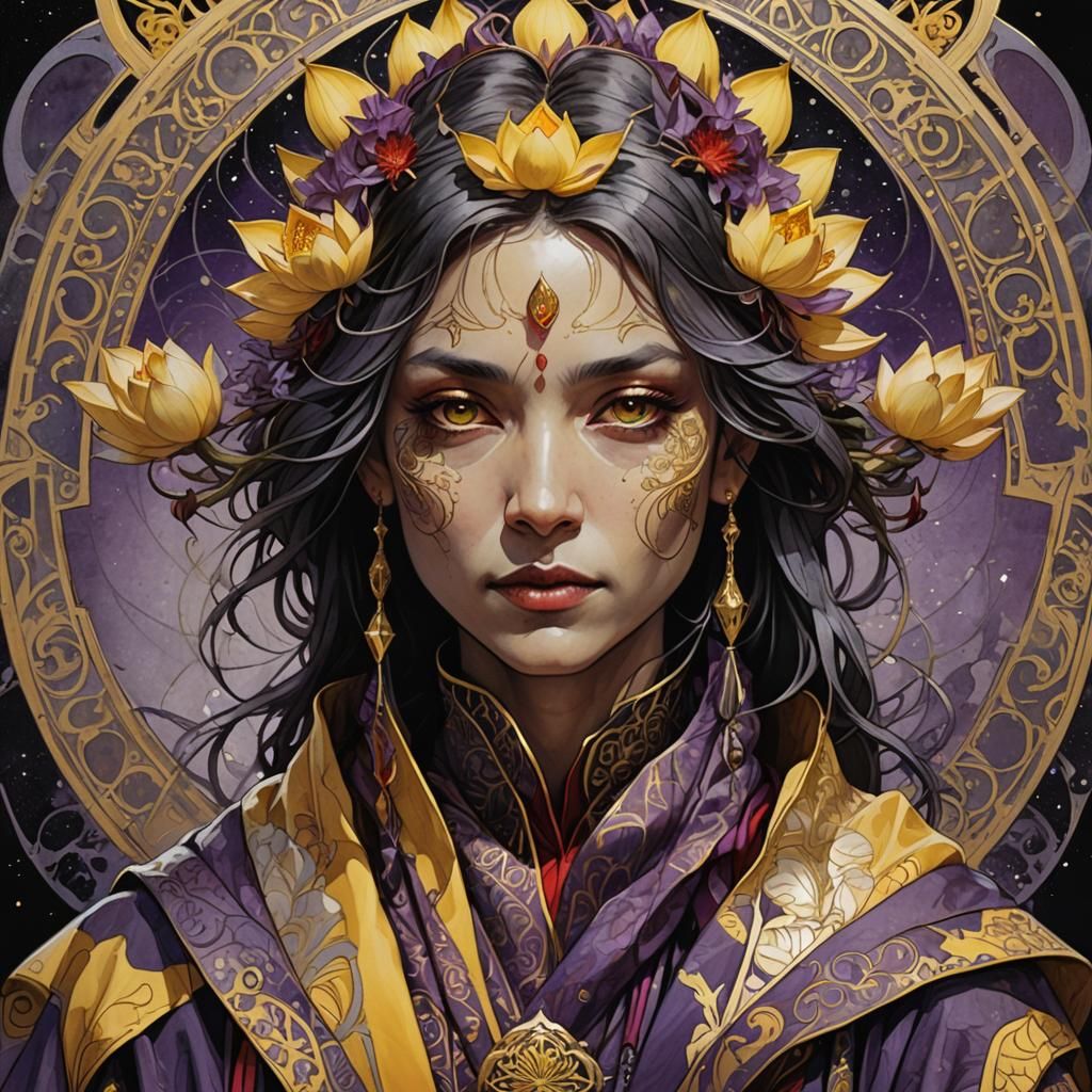 Art Nouveau Portrait with Yellow Lotus Design