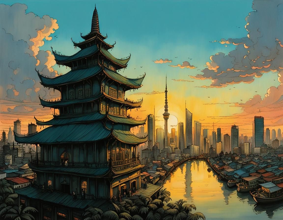 Jakarta Sunset: Impressionist Watercolor Gouache Painting