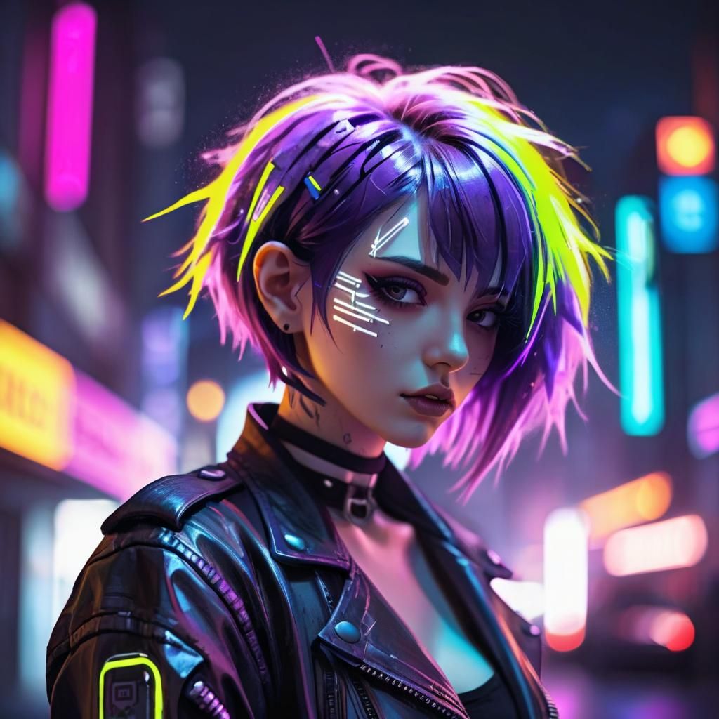 Neon Cyberpunk Goth Cyborg Woman in Anime Style