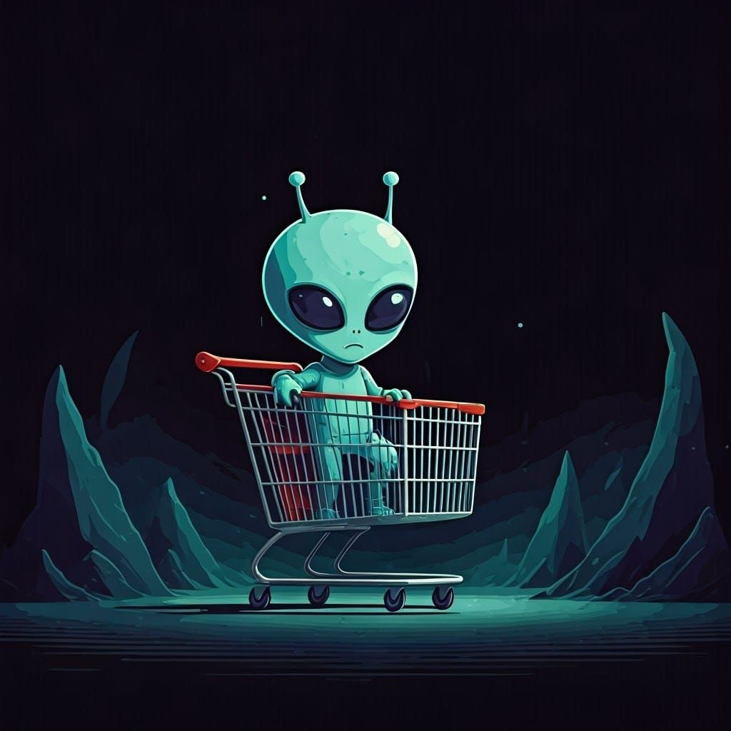 Cute Alien in Shopping Cart: Minimalist Digital Art