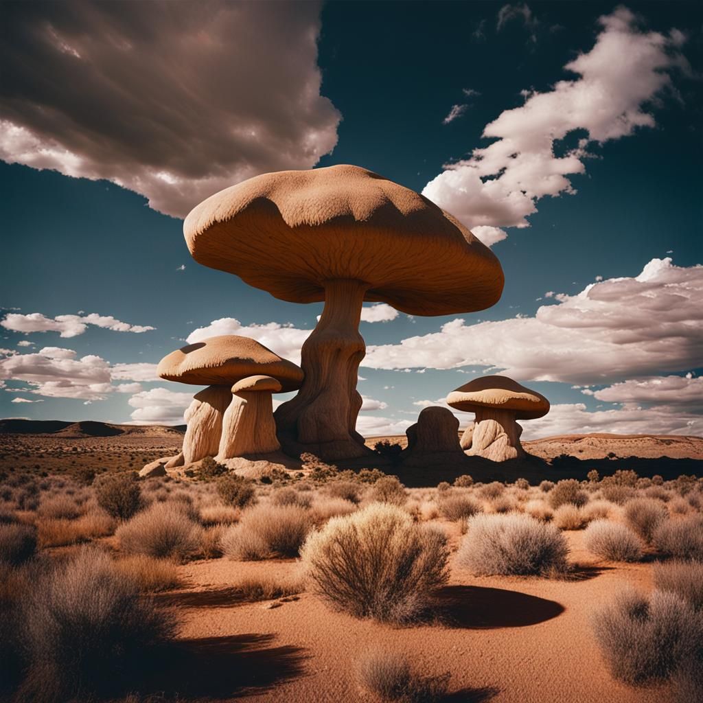 Surreal Landscape with Mushroom Rocks, Cinematic Style