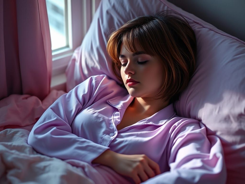 Realistic Woman Sleeping in Purple Pajamas on Pink Bedding