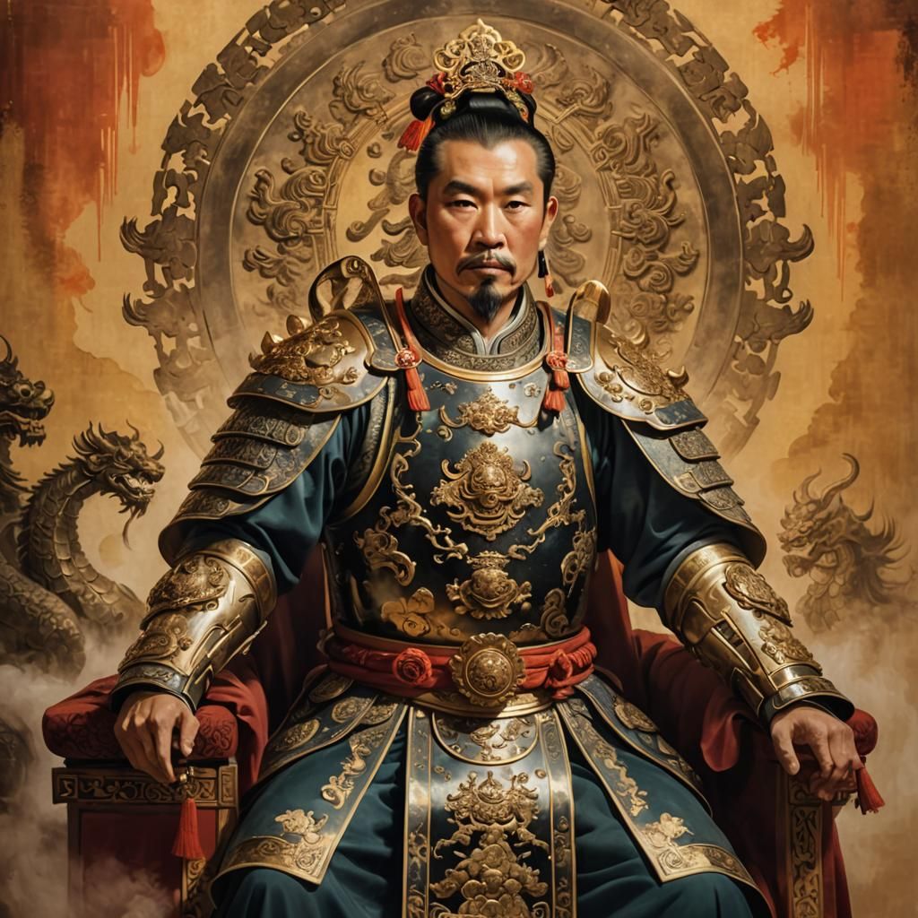 Ornate Imperial Portrait of Lü Bu in Throne Room