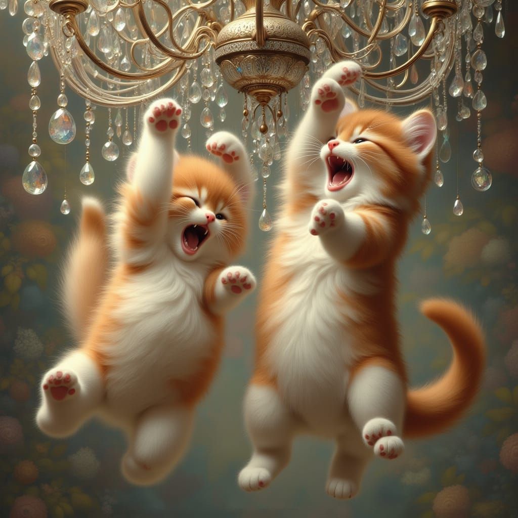 Two Naughty Kittens Causing Chaos on a Crystal Chandelier