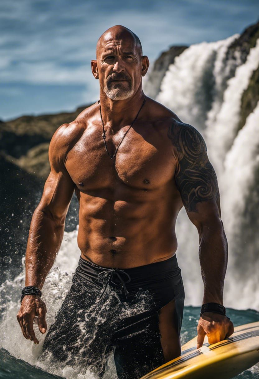 Muscular Surfer Emerges from Waterfall in Dark Fantasy Style