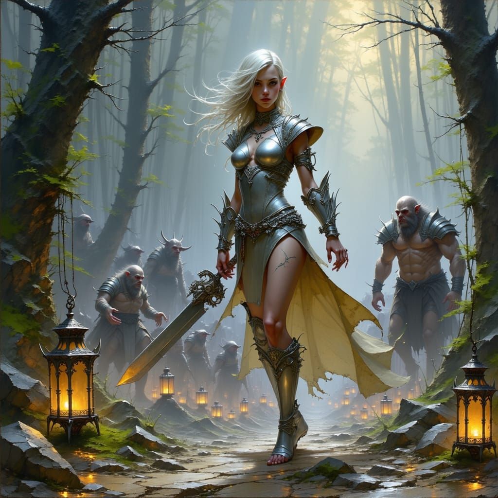 Elegant Elf Warrior Charges into Battle amidst Chaos