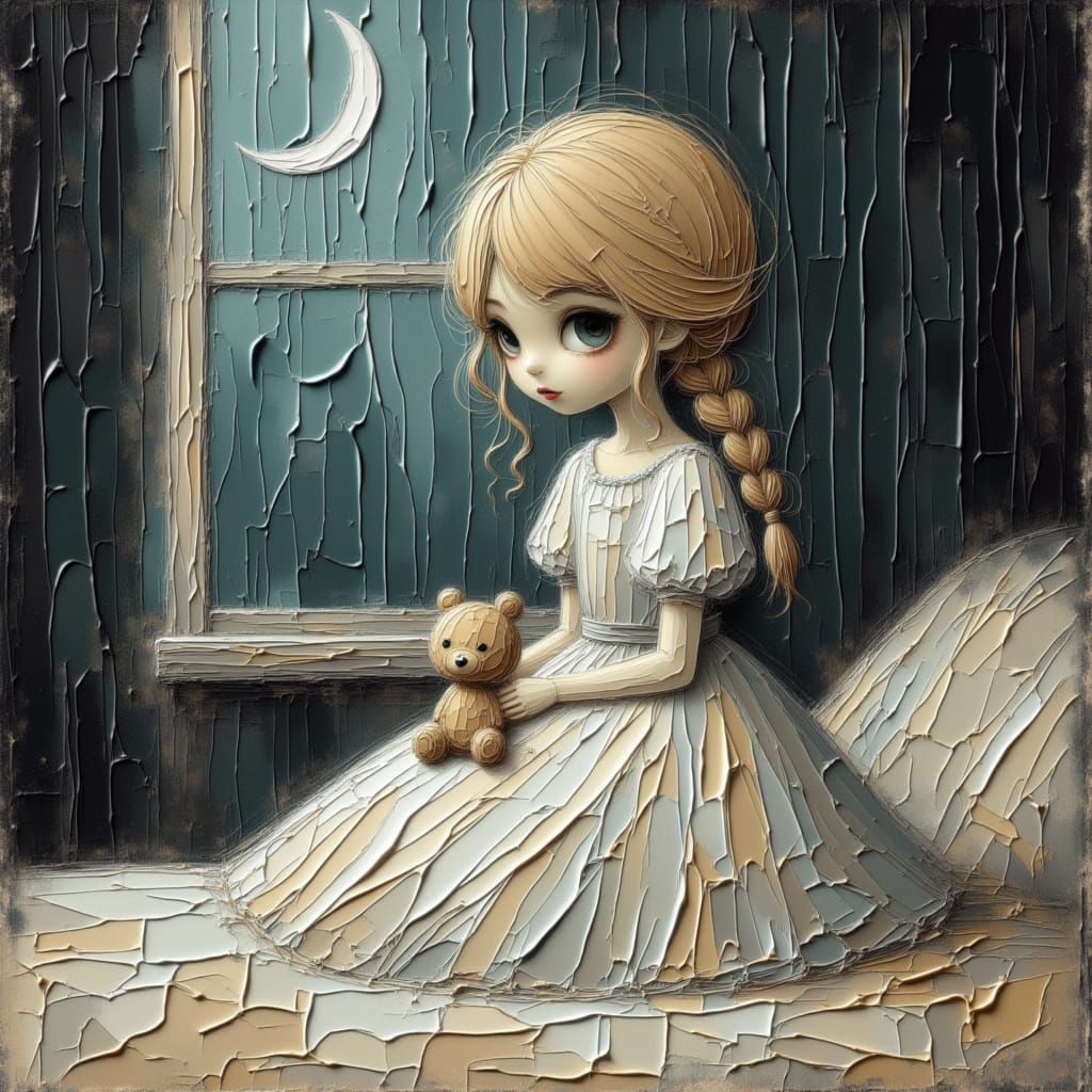 Dreamlike Watercolor of Girl with Teddy Bear in Moonlit Bedr...
