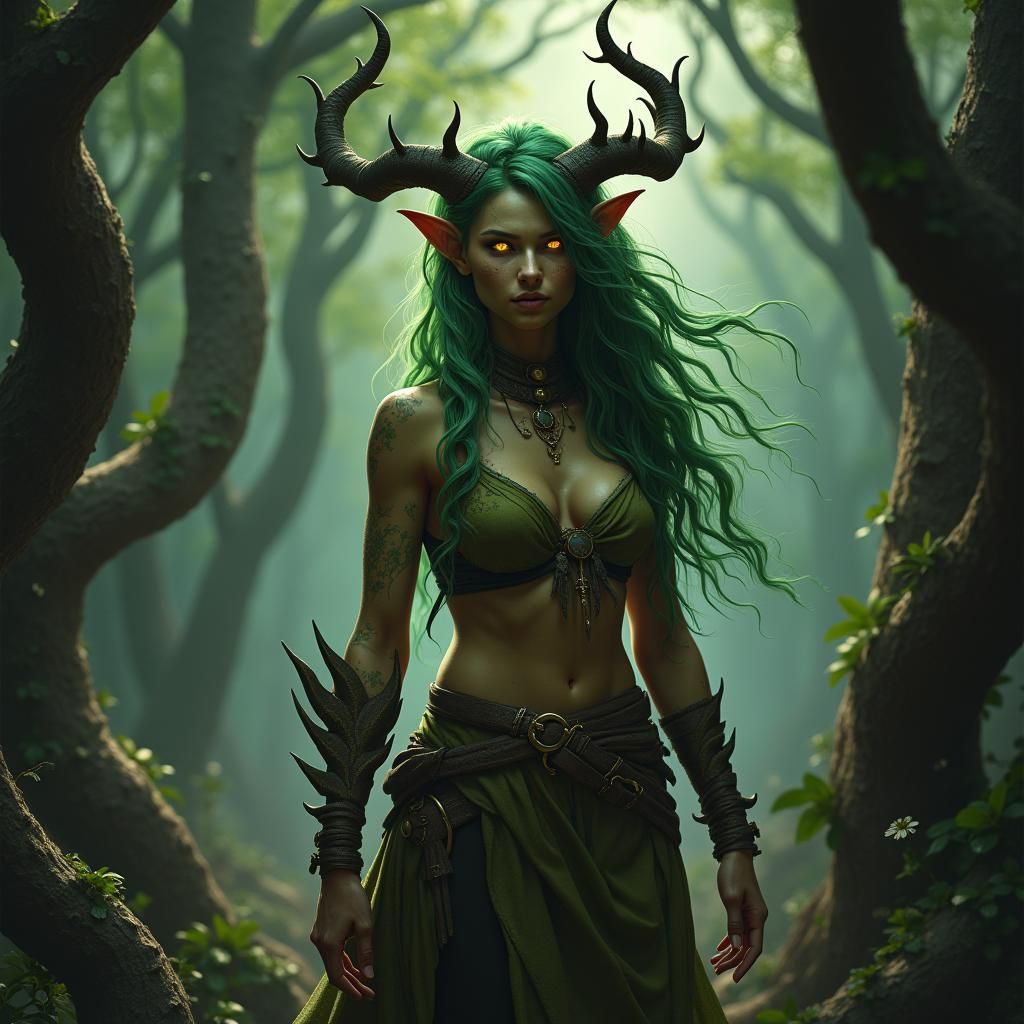 Vibrant Tiefling Druid in Mystical Forest, Fantasy Art