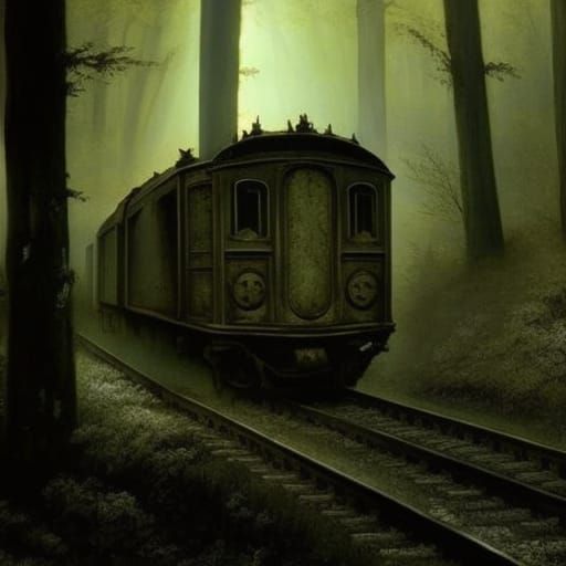 Abandoned Train in Dark Forest, Gothic Horror Style