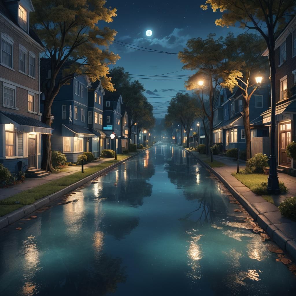 Blue Suburban Street at Night: Detailed Matte Painting