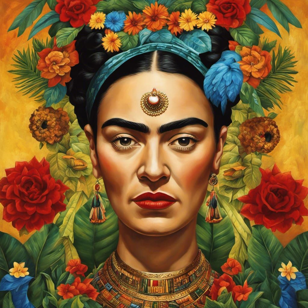 Frida Kahlo Self-Portrait with Aztec and Mayan Influences