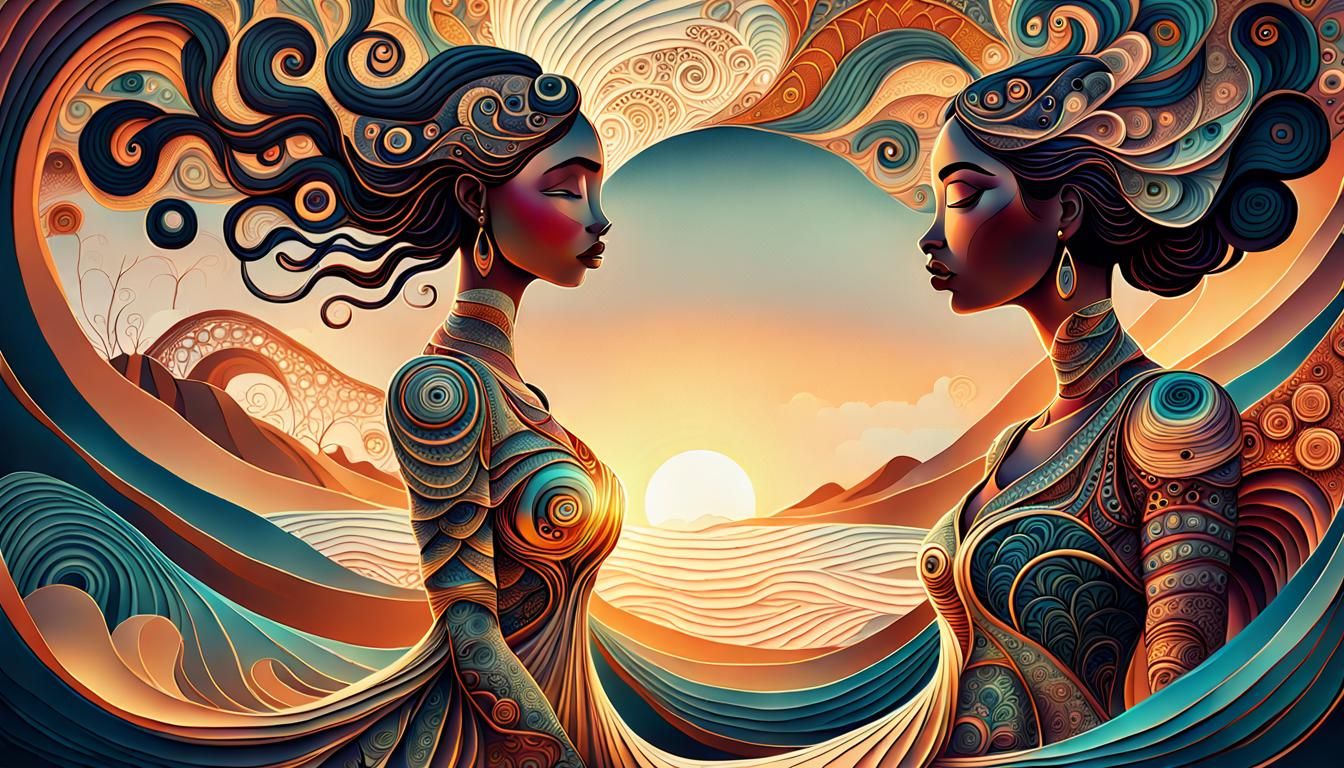 Woman and Girl at Sunset in Art Brut Style