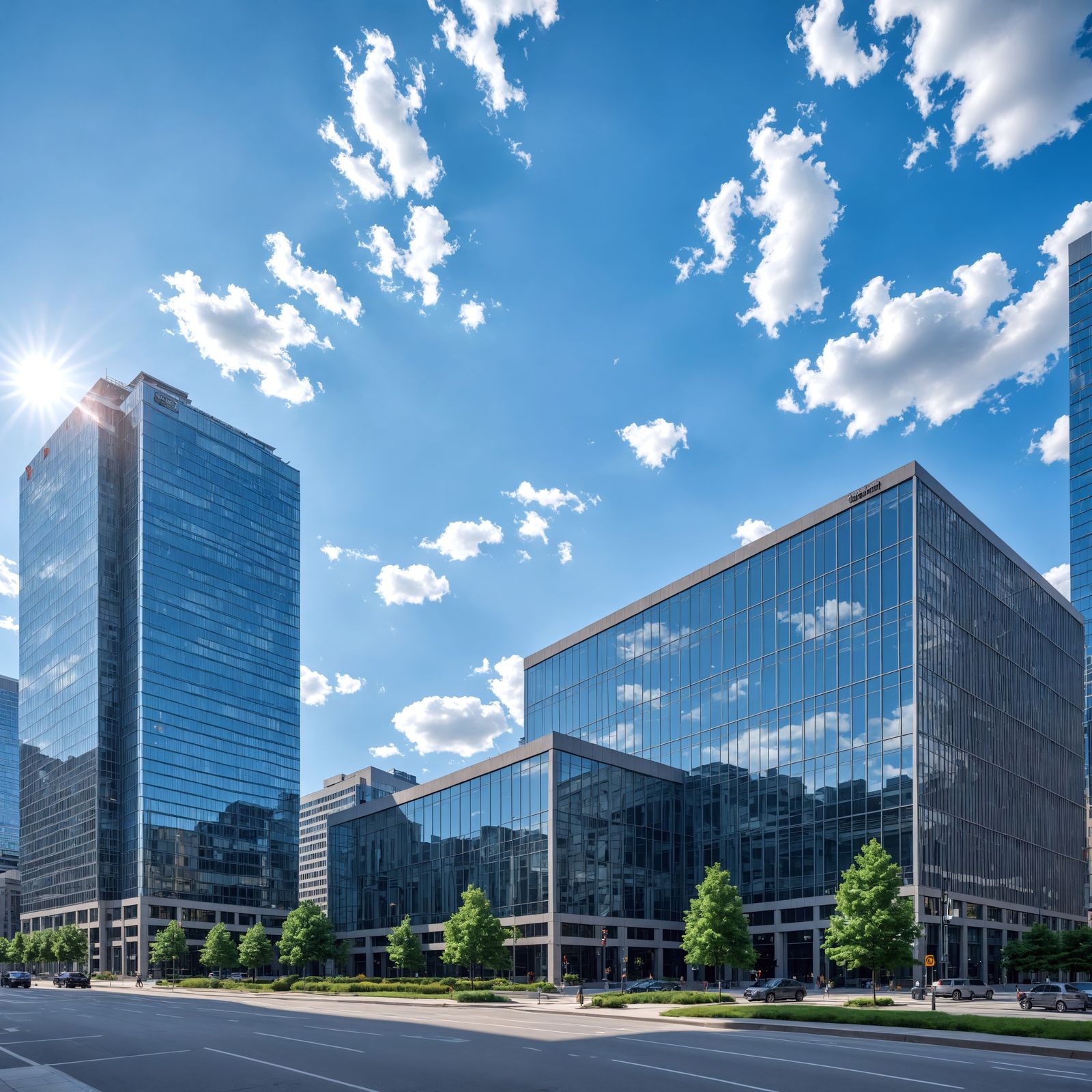 Downtown Office Building in Summer, Hyperrealistic Style