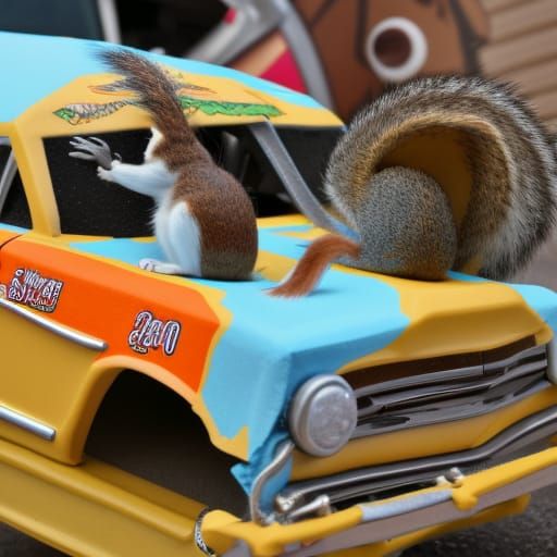 Cartoon Squirrels Pit Crew at Demolition Derby