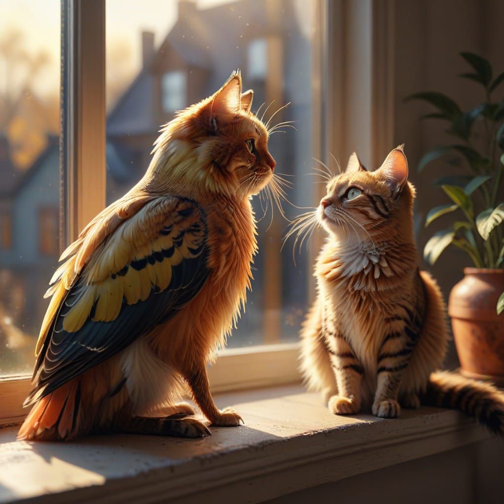 Whimsical Feline and Avian Friends in Warm Golden Light