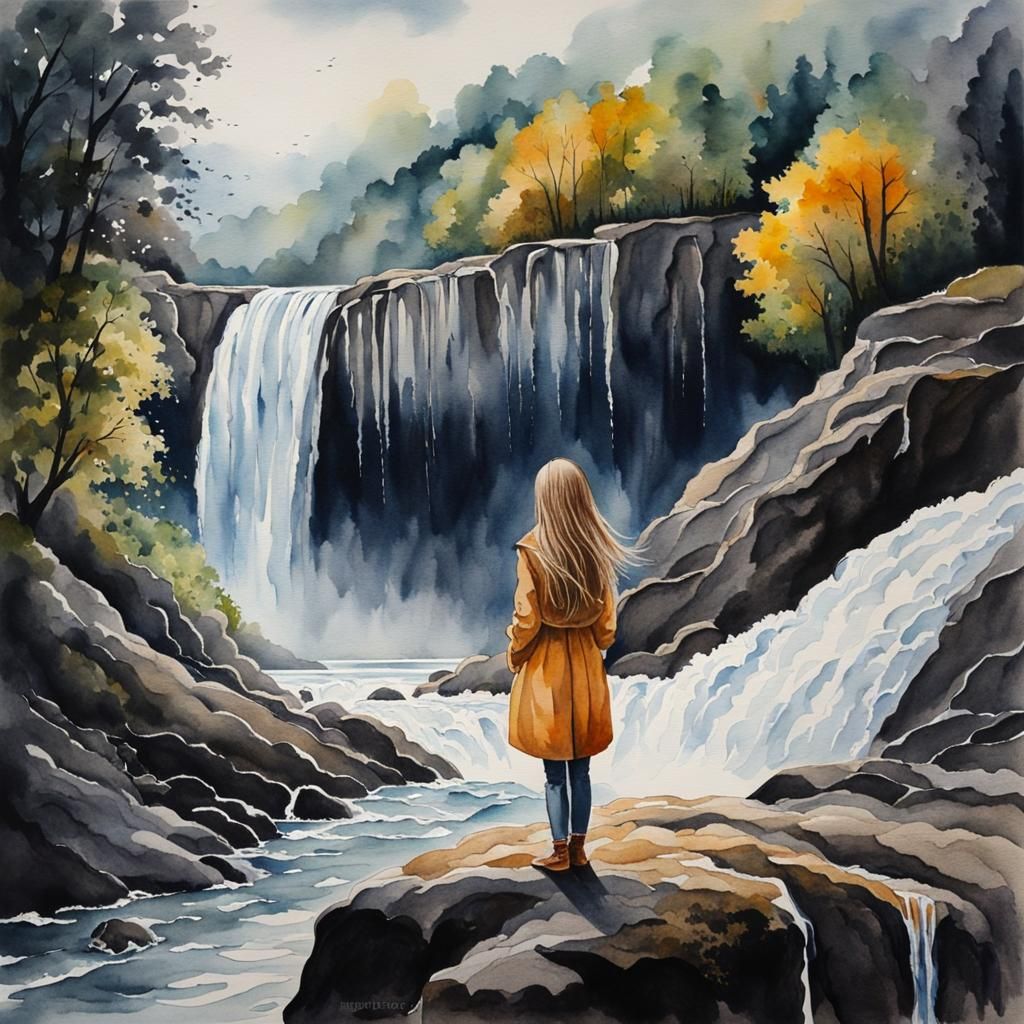 Sad Girl by Waterfall: Watercolor Masterpiece