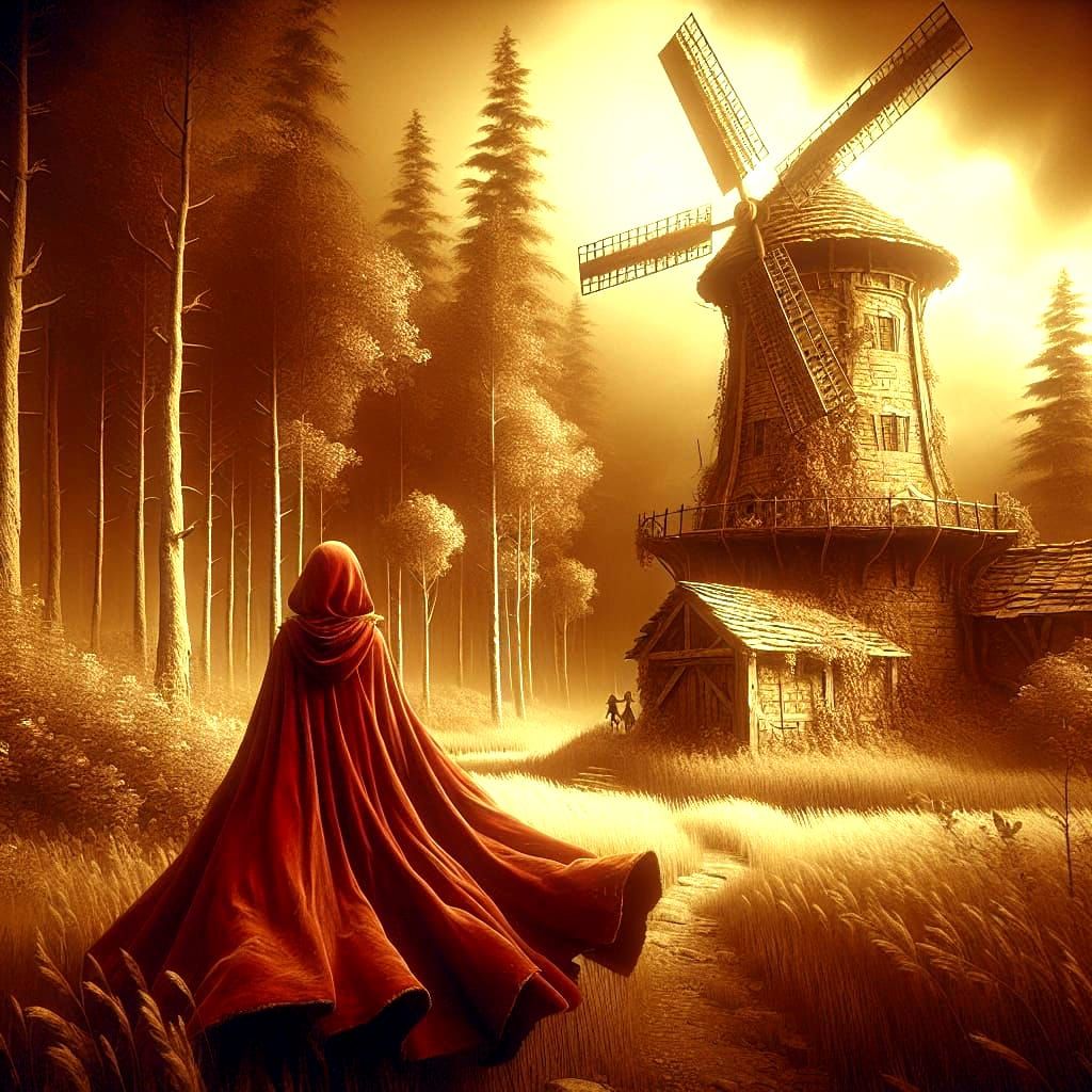 Red Riding Hood by Windmill in Sepia Tones