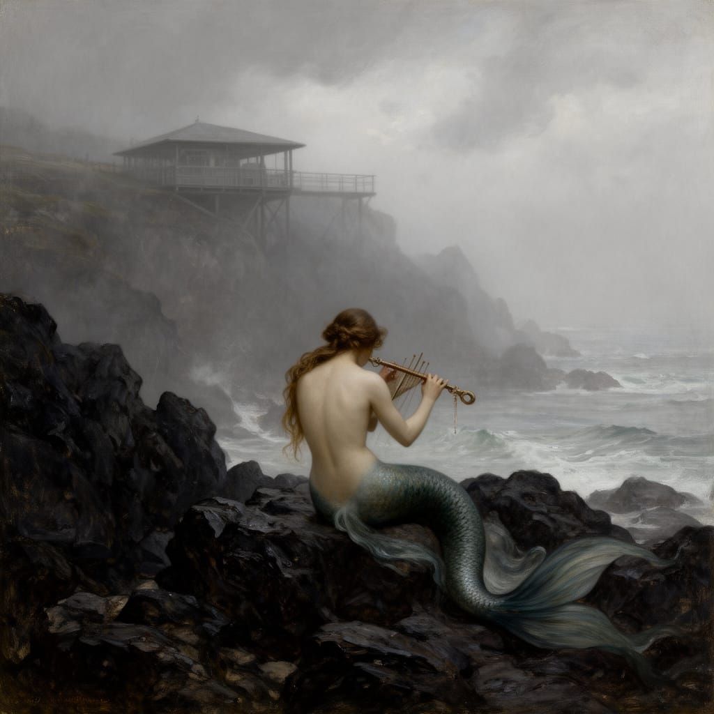 Mermaid Playing Instrument on Cloudy Coastline