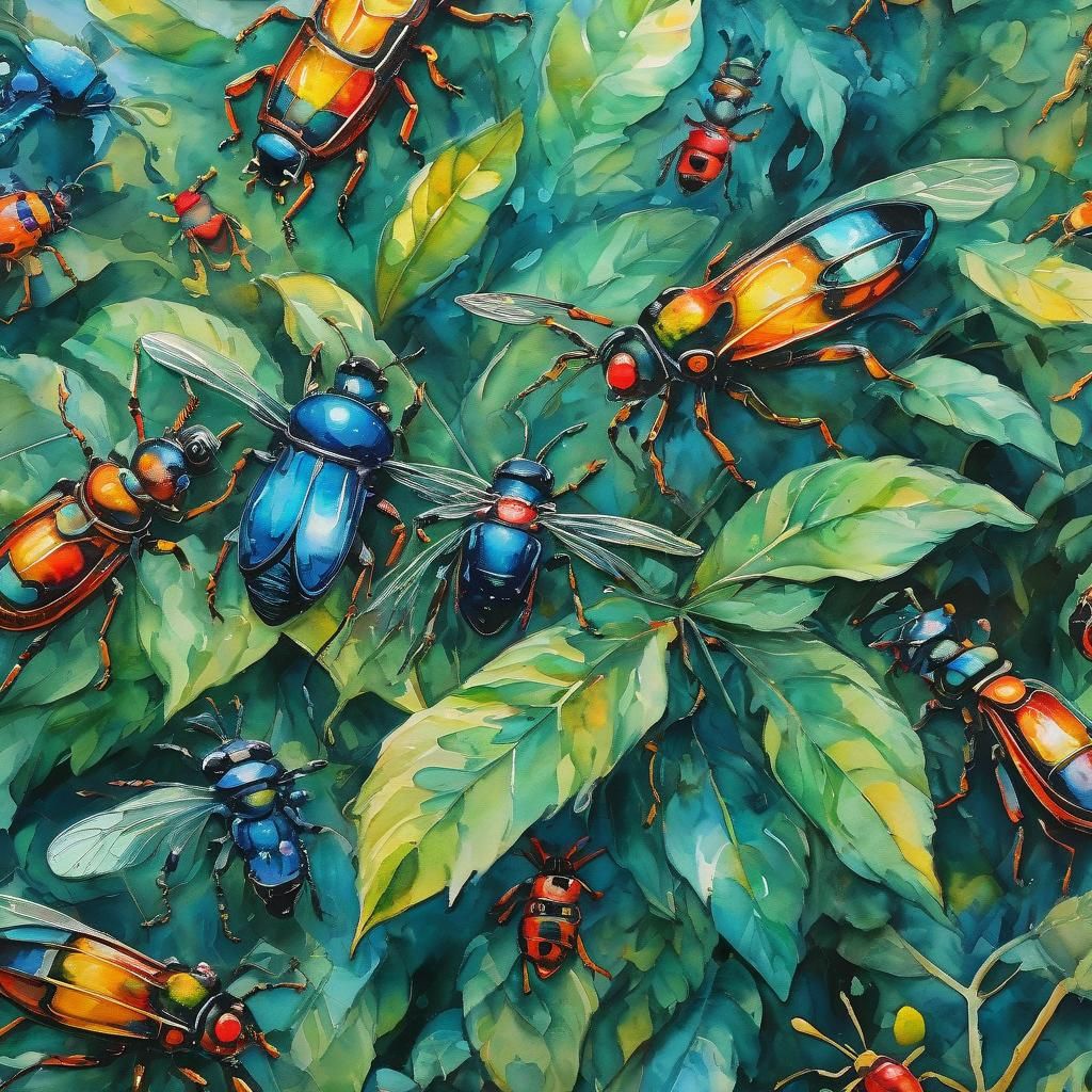 Surreal Insects on Foliage in Maximalist Watercolor