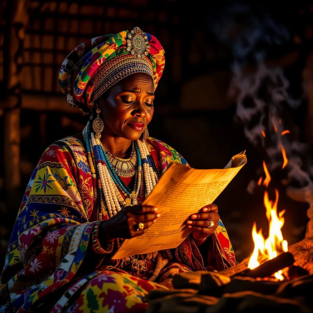 African Queen Ọlioma Reads Ancient Scroll by Firelight