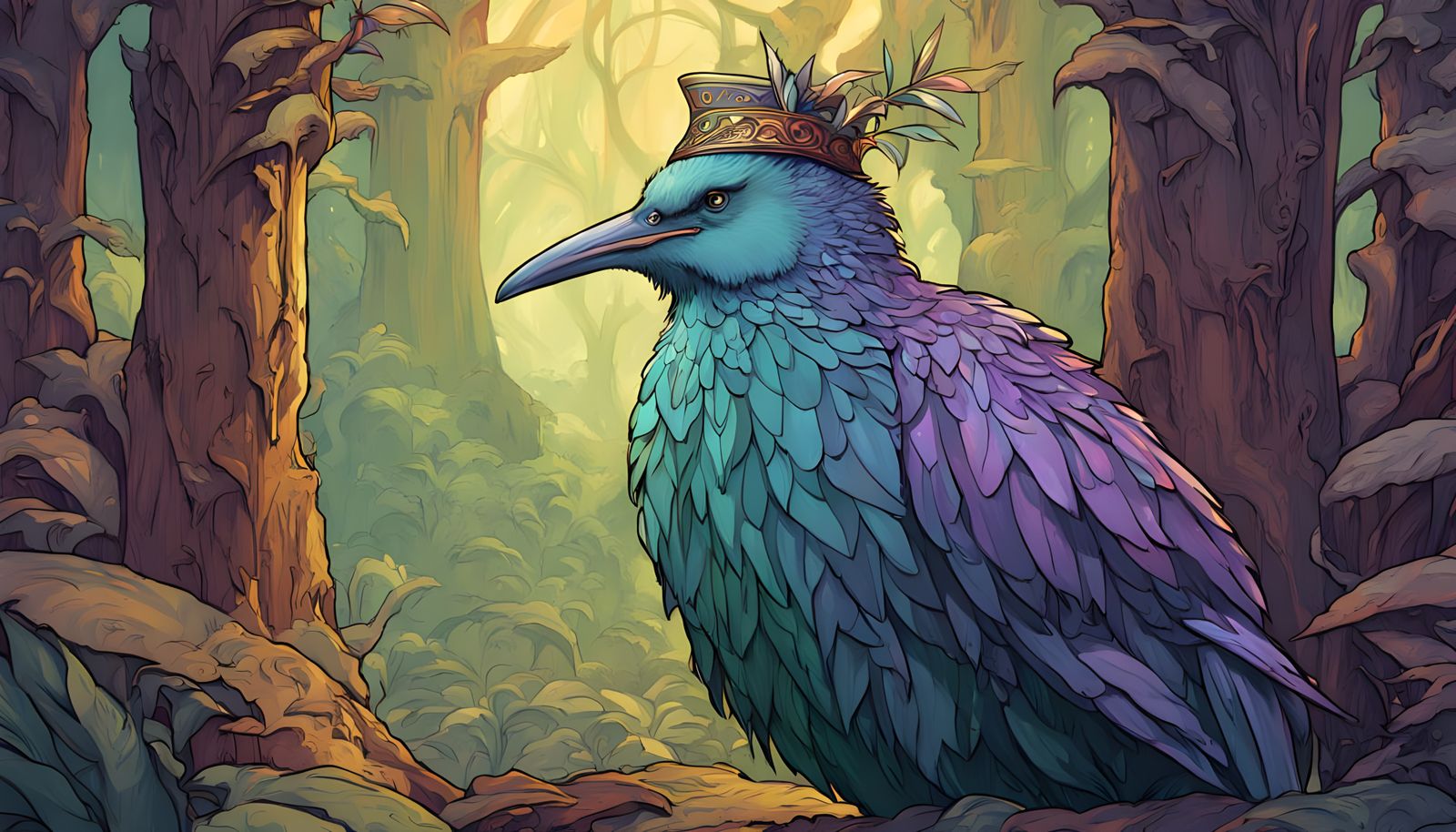 Kiwi Wizard with Glowing Staff in Mystical Forest